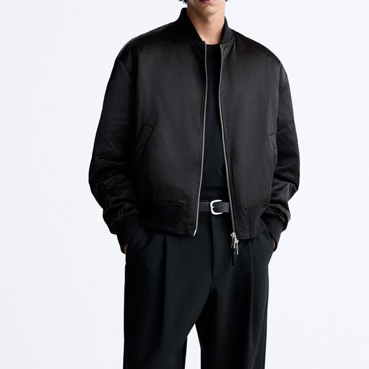Zara Solid Color Baseball Collar Zip Long Sleeve Jacket Men Jacket Black 05070304800-33