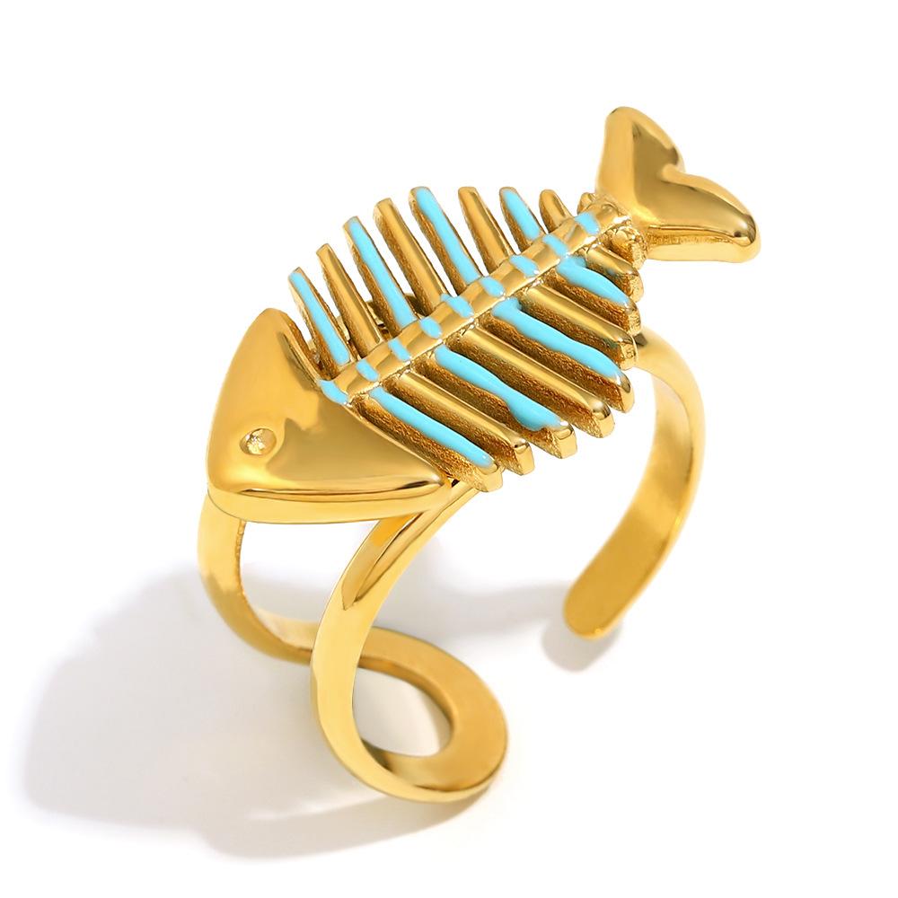 

Creative Personality Stainless Steel 18k Gold Color Blue Drip Glaze Fishbone Opening Rings for Women Cute Retro Finger Jewelry resizable золотой