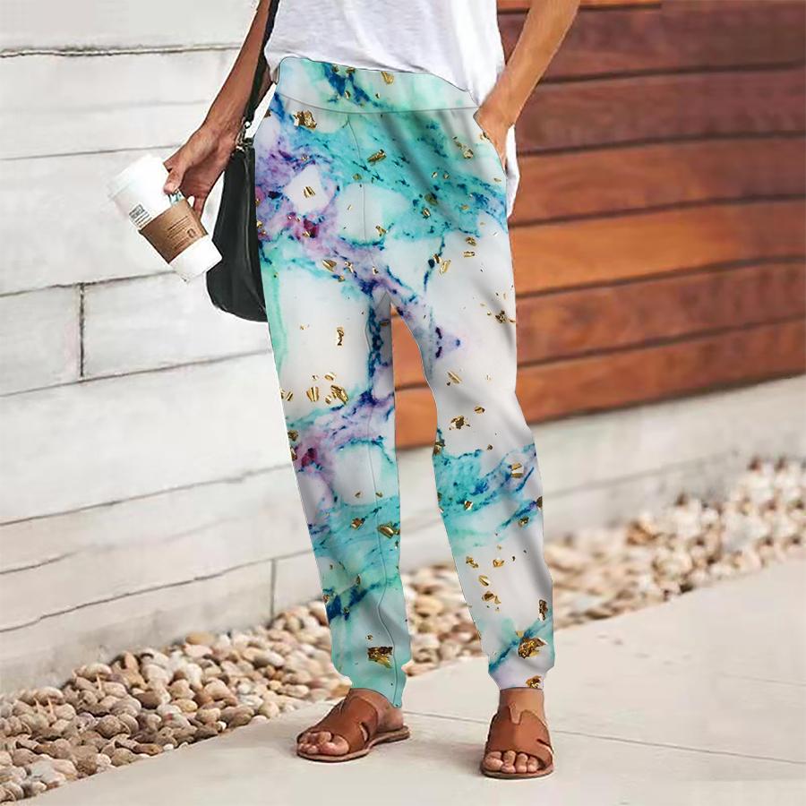Women Marbling Printing Pants Lace Up Elastic Waist Loose  Trousers Casual Long Pants Trousers with Pockets