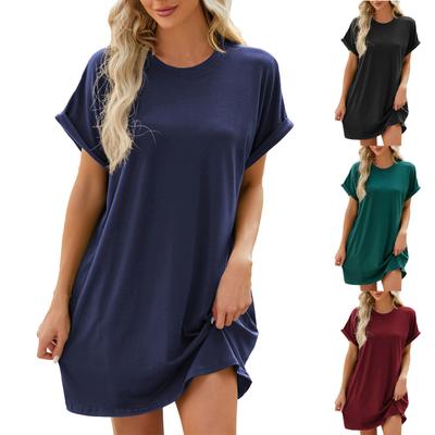 Women's Fashion  Solid Color Round Neck Pocket Loose Short Sleeved Dress