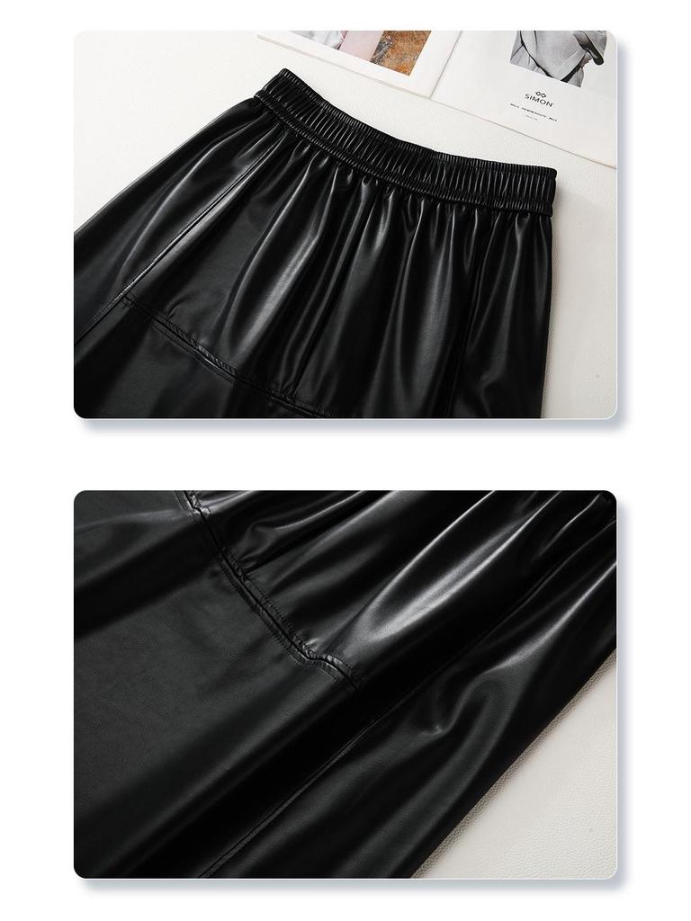 Coffee PU Leather Elastic Waist A-Line Pleated Midi Skirt - Women's 2024 Spring/Autumn Style