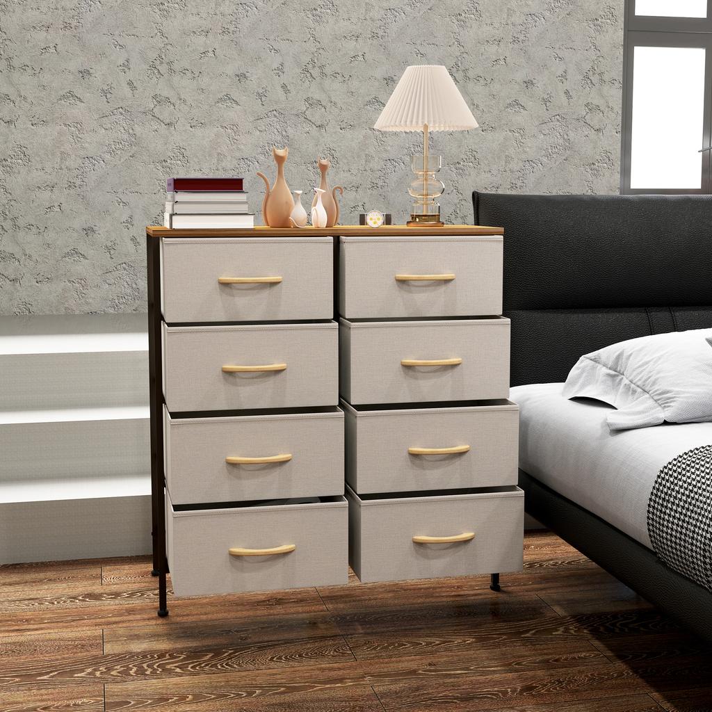 Fabric Chest of Drawers, Industrial Bedroom Dresser with 8 Fabric Drawers, Steel Frame and Wooden Top for Nursery, Living Room, Hallway, Cream White