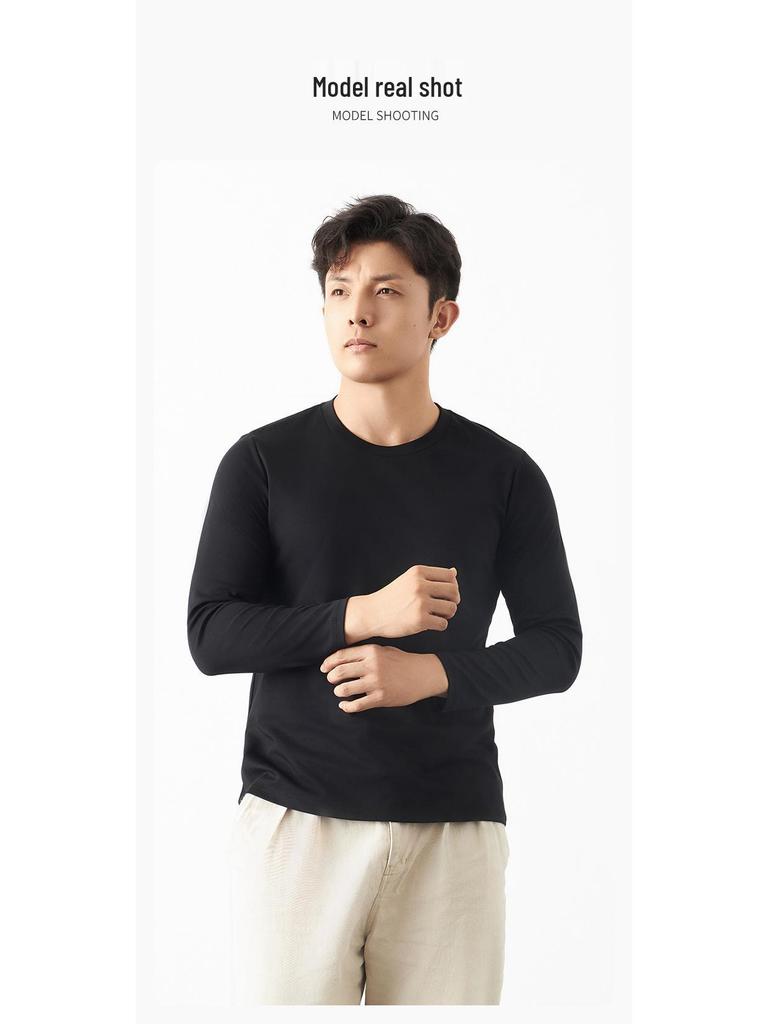 Men's Heavyweight White Cotton Long Sleeve T-Shirt - Casual Loose Fit, Round Neck for Spring & Autumn