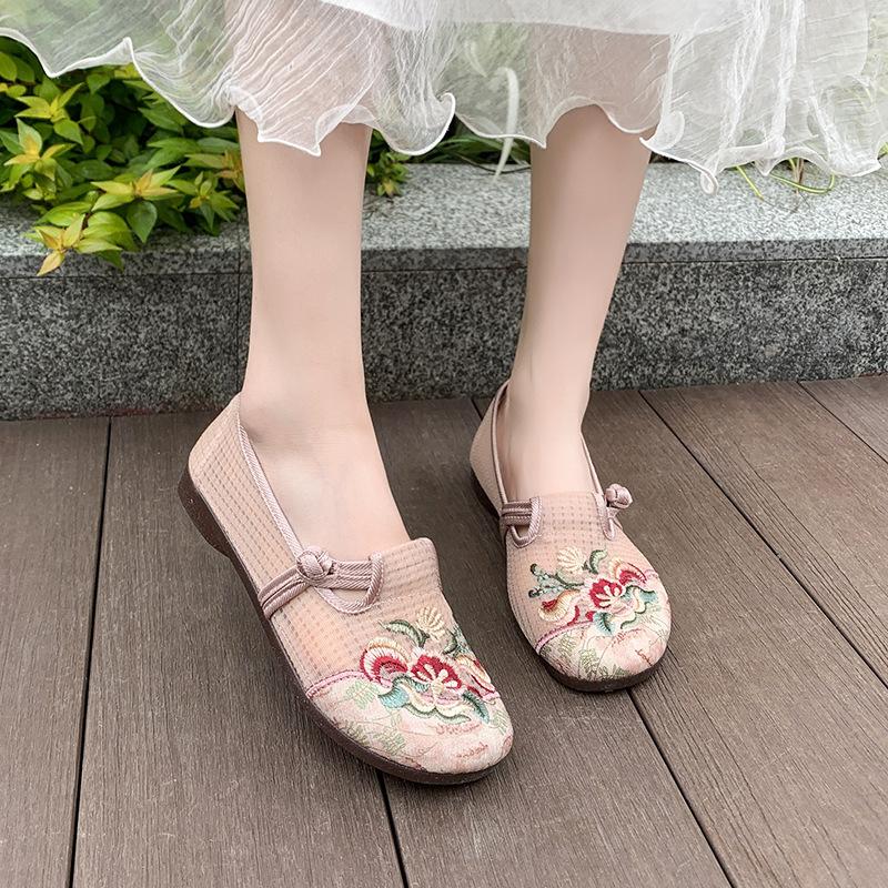 Edison Embroidery One Pedal Summer Mesh Breathable Women's Soft-soled Middle-aged and Elderly Mother Flat-soled Old Beijing Cloth Shoes