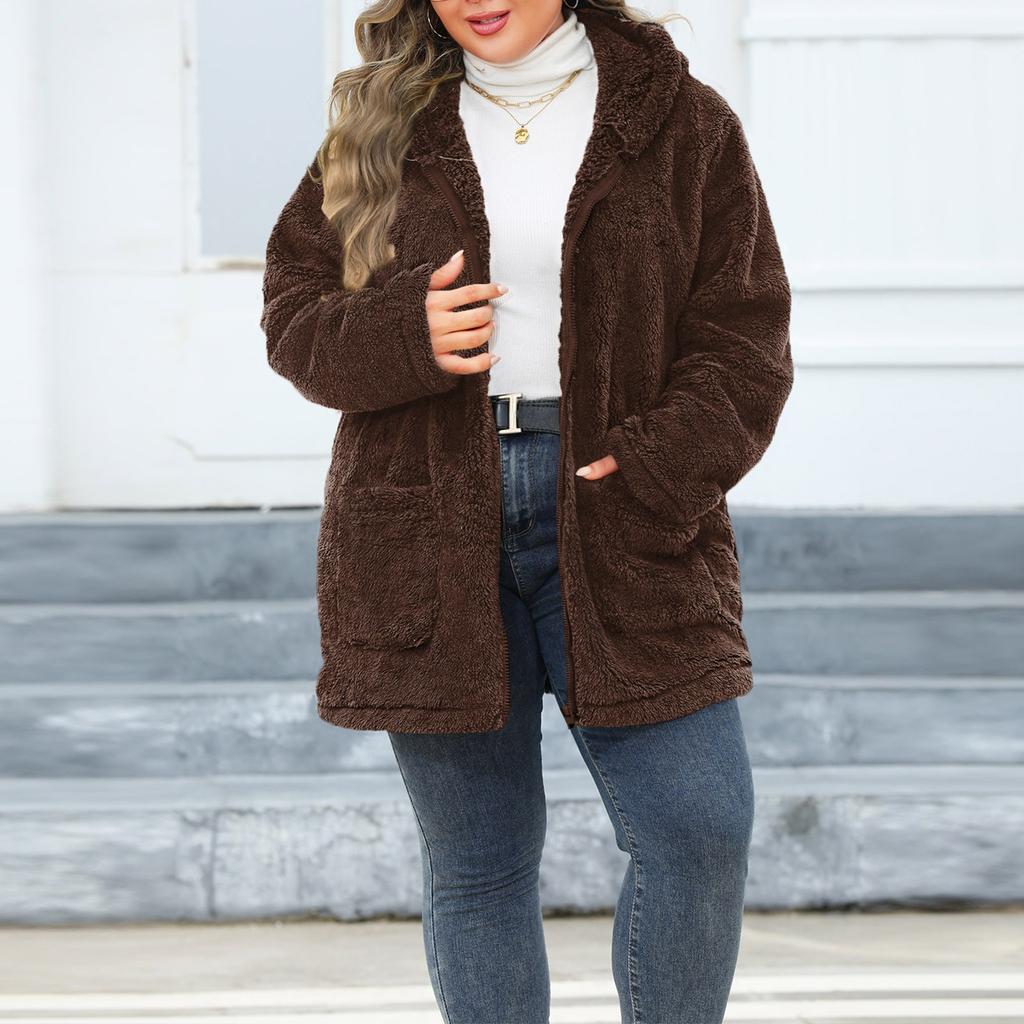 Modny damski płaszcz plus size z grubym kapturem i pluszowym wykończeniem