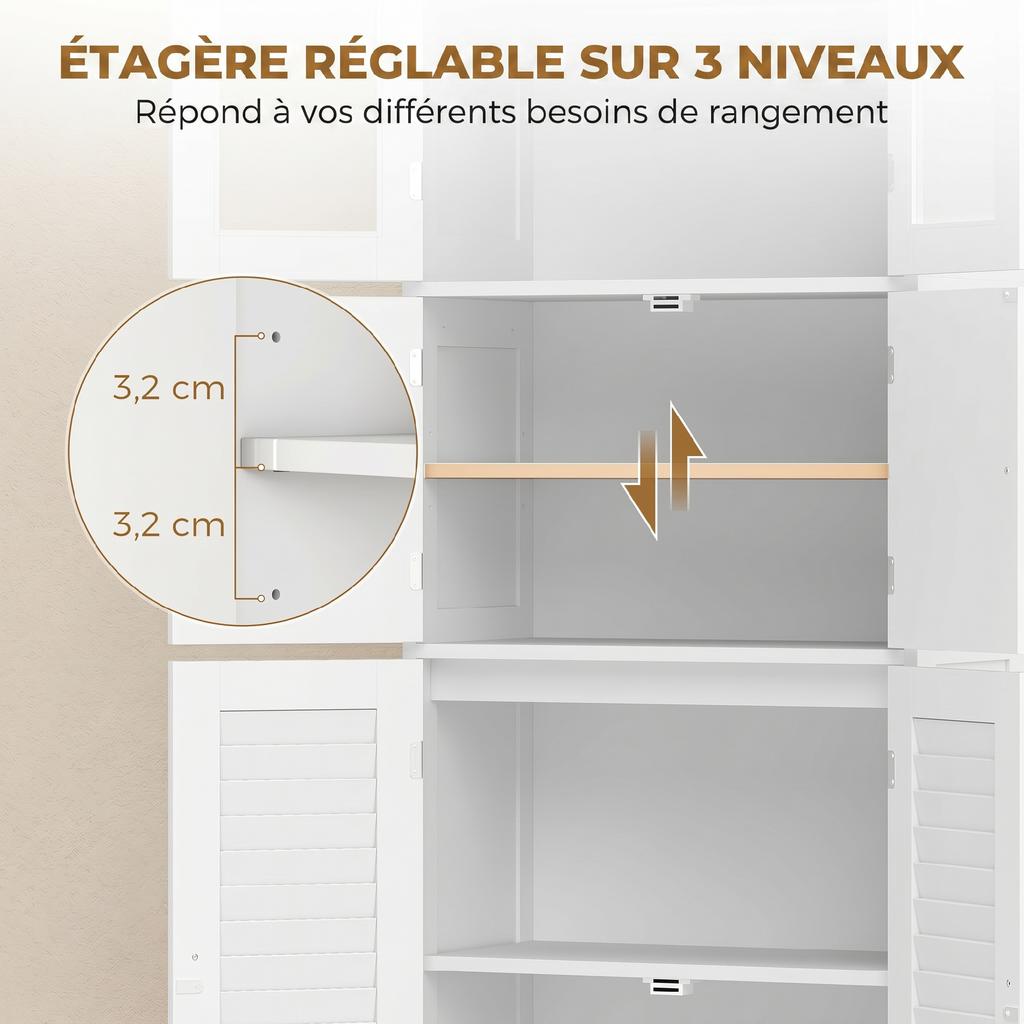 Tall Bathroom Cabinet, 6 Doors, 2 Glass 2 Louvered, Adjustable Shelf, White