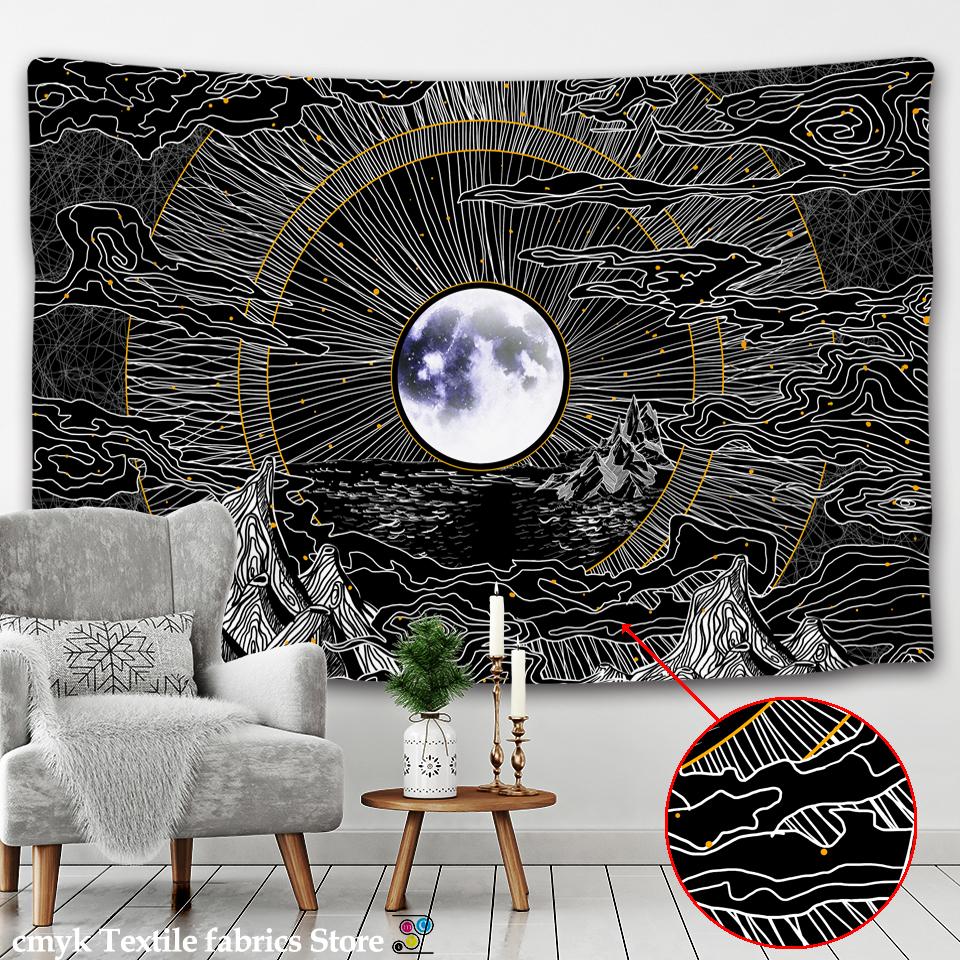 Sun Moon Tapestry Black White Starry Sky Wall Hanging Astrology Divination Matwitchcraft Hippie Mandalas Psychedelic Taiji Decor