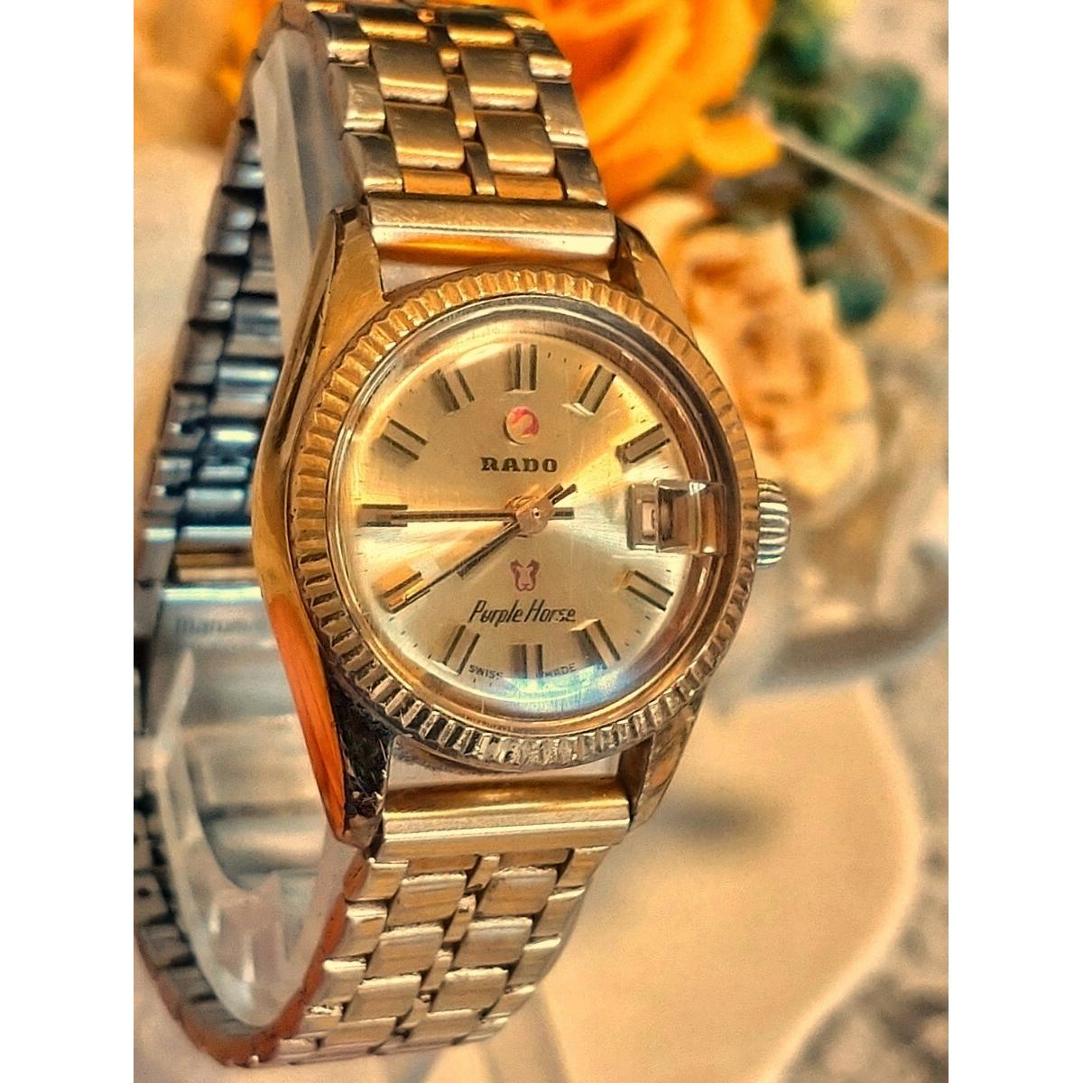 Used Working RADO Purple Horse Ladies Watch Gold Date Vintage Automatic for slender people