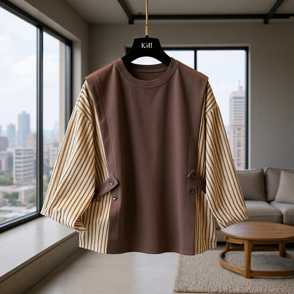Plus Size Slimming Two-Piece Look Stripe Shirt: Women's Spring/Autumn Round Neck Long Sleeve Top