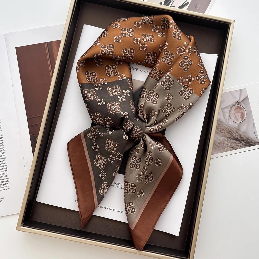 Floral Print Shawl Square Scarf for Women Soft Satin Neckerchief Female Hair Bands Ribbon Headband Bandana 70X70CM