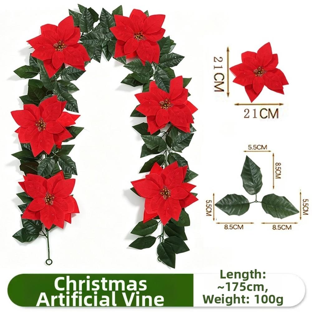 Poinsettia Garland Set 2 Pieces 5.74 Ft Each Lightweight Flexible Design for Christmas Fireplace and Wall Decor
