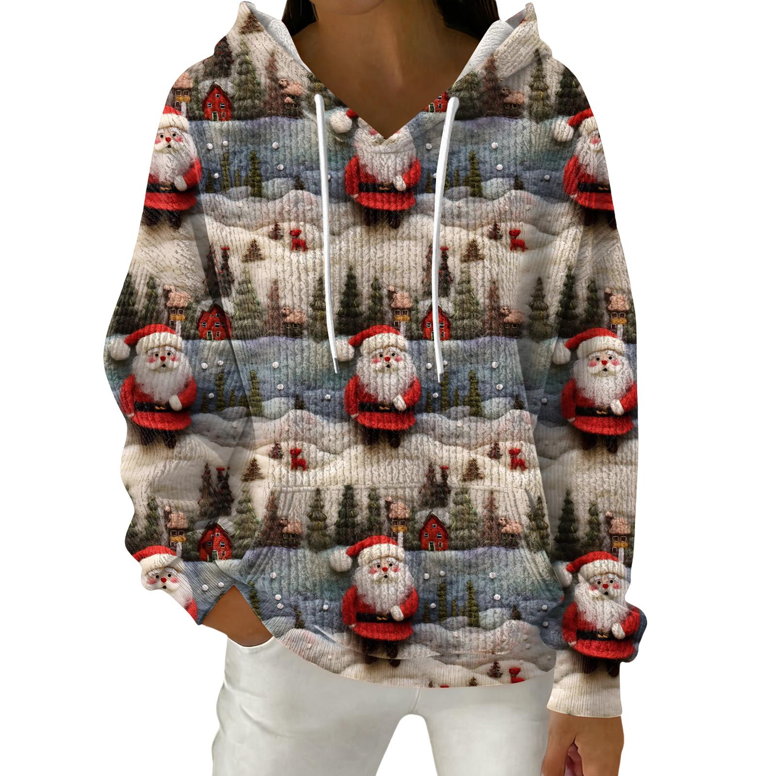 

Женский модный повседневный пуловер с рождественским принтом, толстовка с капюшоном и длинными рукавами L бежевый