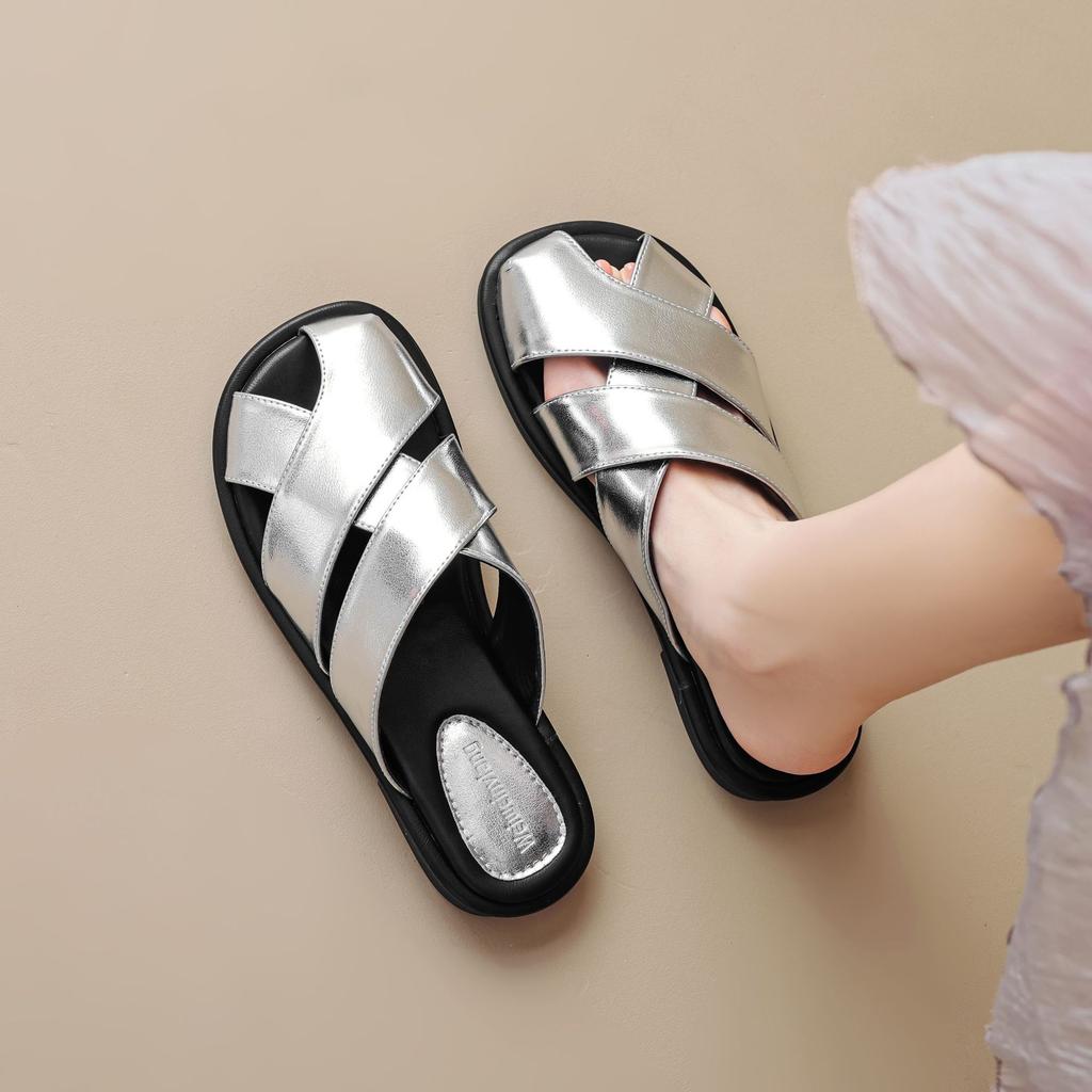 Weiwei Girl 569-1 Baotou Half Slippers Female Summer Wear Fairy Style Niche Korean Edition Silver Beach Cool Slippers