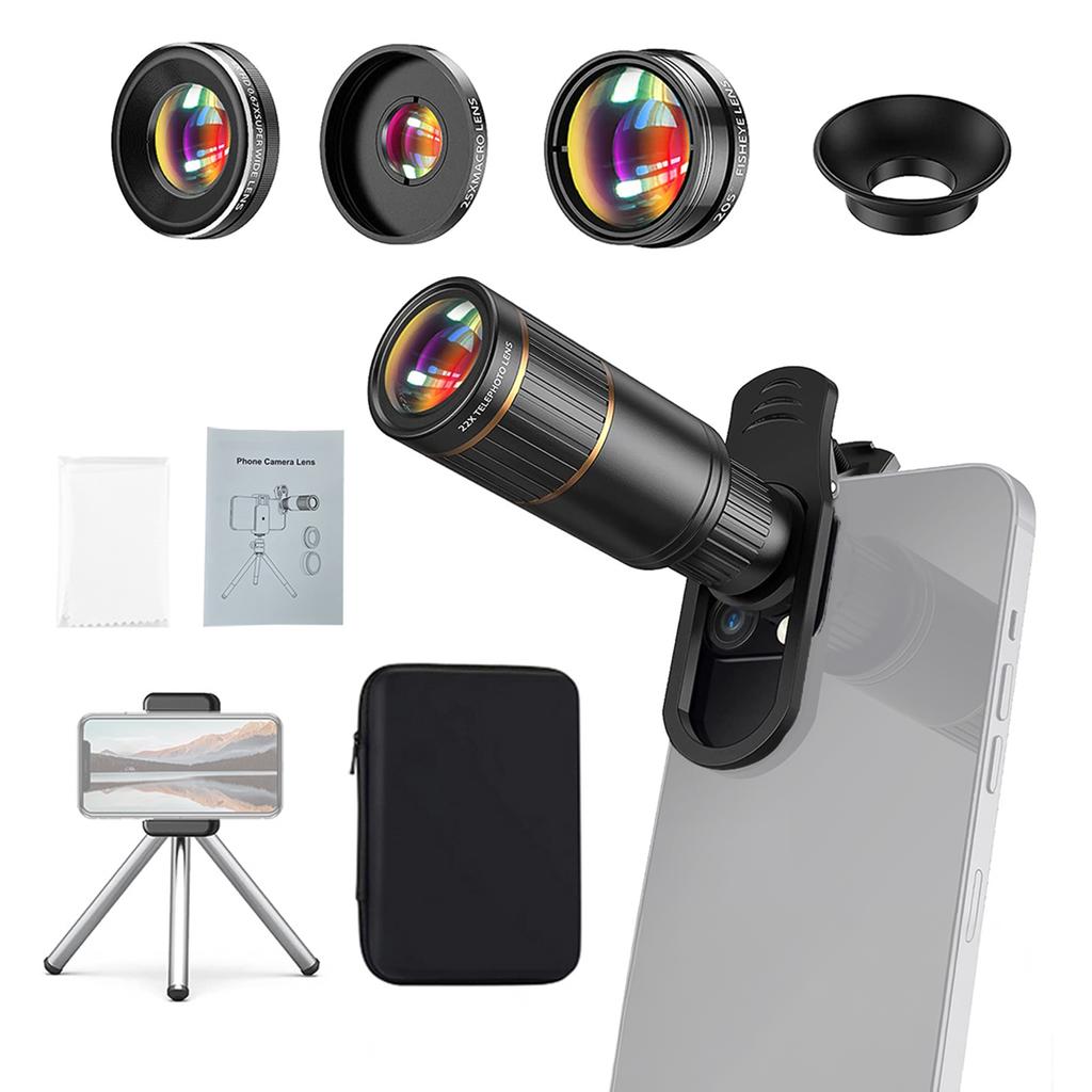 Set de lentile pentru telefon 4-în-1 Set de lentile pentru cameră pentru telefon extern cu obiectiv teleobiectiv 22X și obiectiv Fisheye de 205 grade și