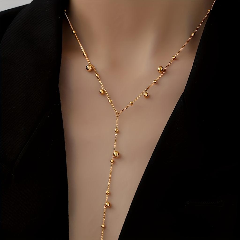 Stylish Versatile 18K Gold-Plated Long Tassel Bead Chain Necklace – Stainless Steel, Perfect for Everyday Wear by Women