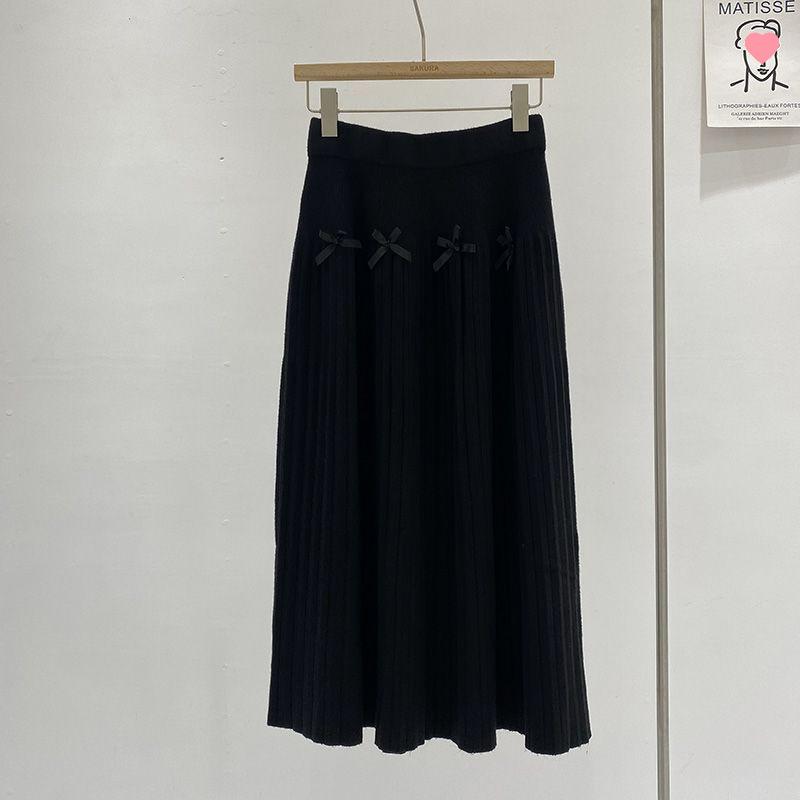 Korean Fashion High-Waisted Slimming Pleated Knit Skirt with Bow Detail