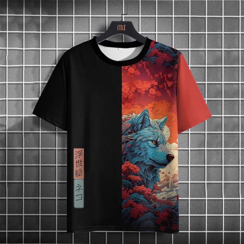 Cartoon Animal Men's T-Shirt Japanese Style Ukiyo-e Printing T-Shirts Casual Loose Short Sleeve Tees Oversized Men Clothing Tops