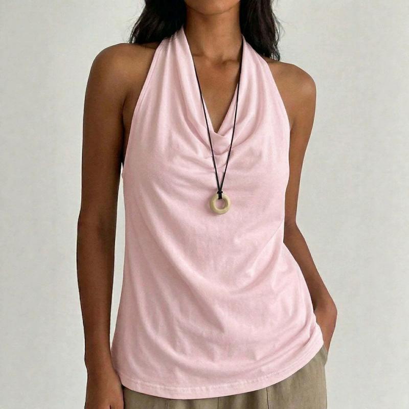 Summer Solid Color Halter Neck Tank Top with Open Back and V-Neck for Women