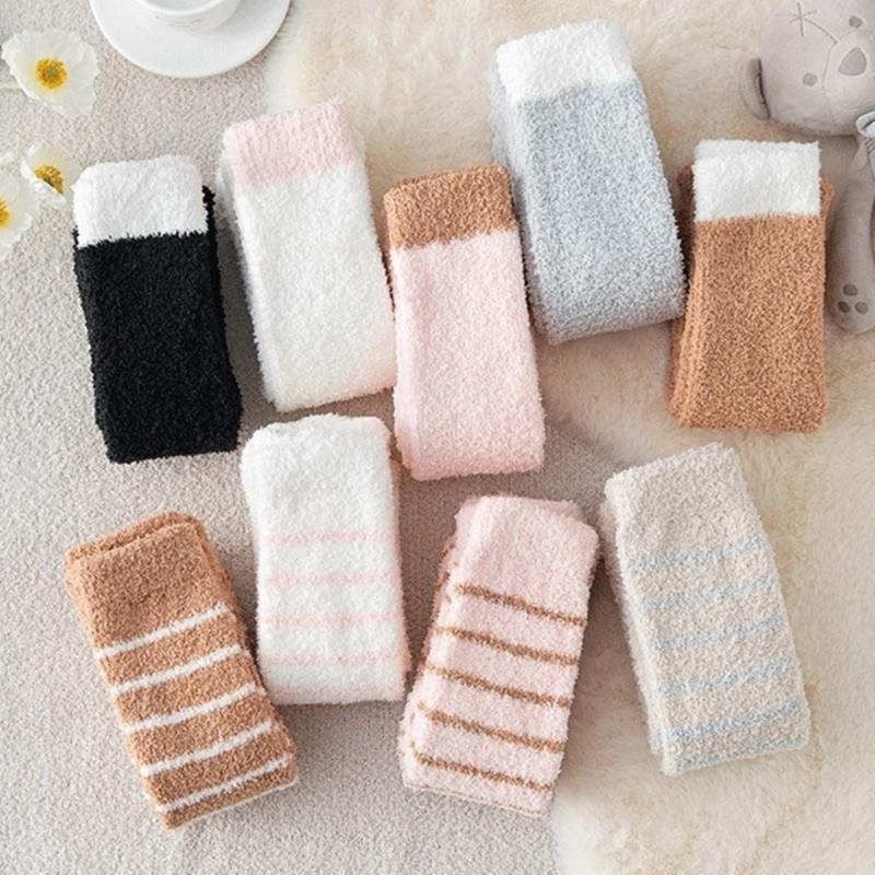 Women's Cute Coral Fleece Thigh High Socks Fuzzy Over The Knee Socks Striped Long Leg Warmers Winter Warm Slipper Socks