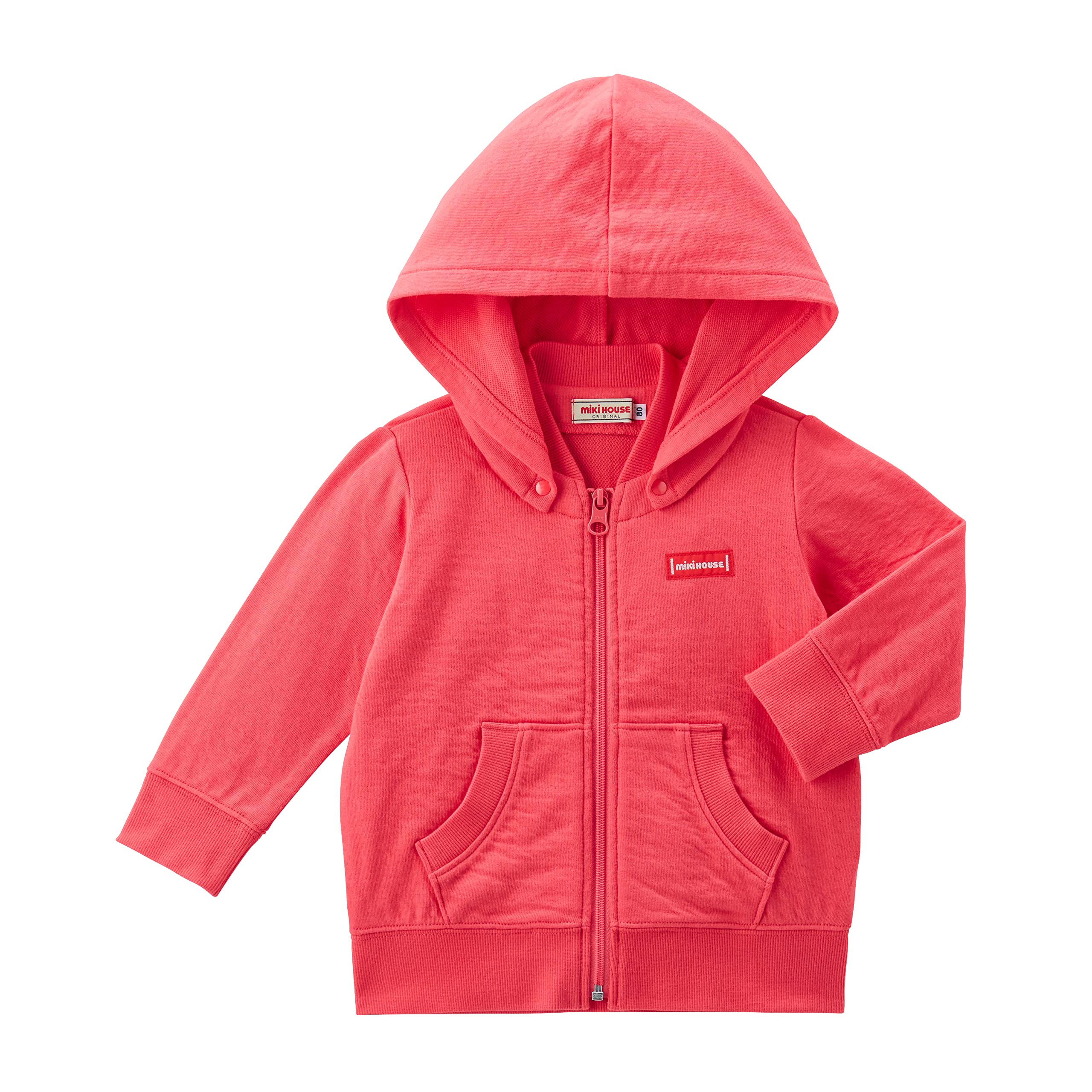 

MIKI HOUSE Long Sleeve Hoodie with UV for Boys and Suitable for Preschool and Coral Pink Logo, Protection, Zip-Up, Girls, Sustainable, School,