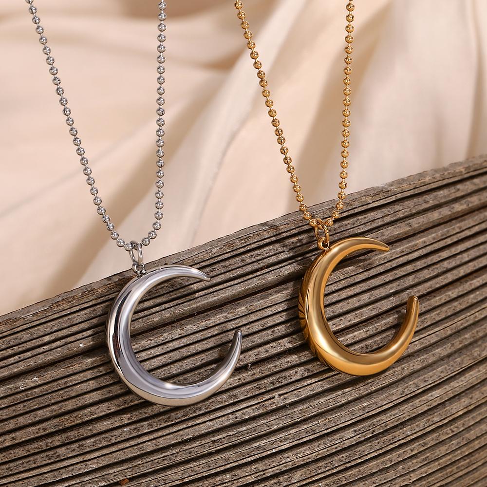 MamacitaSlay Elegant Stainless Steel Moon Pendant Thin Beaded Chain Necklace 2026 Party Waterproof Jewelry Women's Elegant Gift