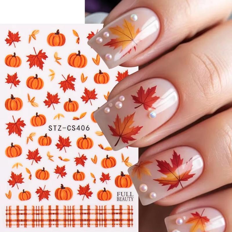 1 Blatt Herbstblatt Karomuster Linie Klebe-Slider Niedliche Kürbis-Nagelsticker Abziehbilder Herbst Erntedankfest Nageldesign Zubehör