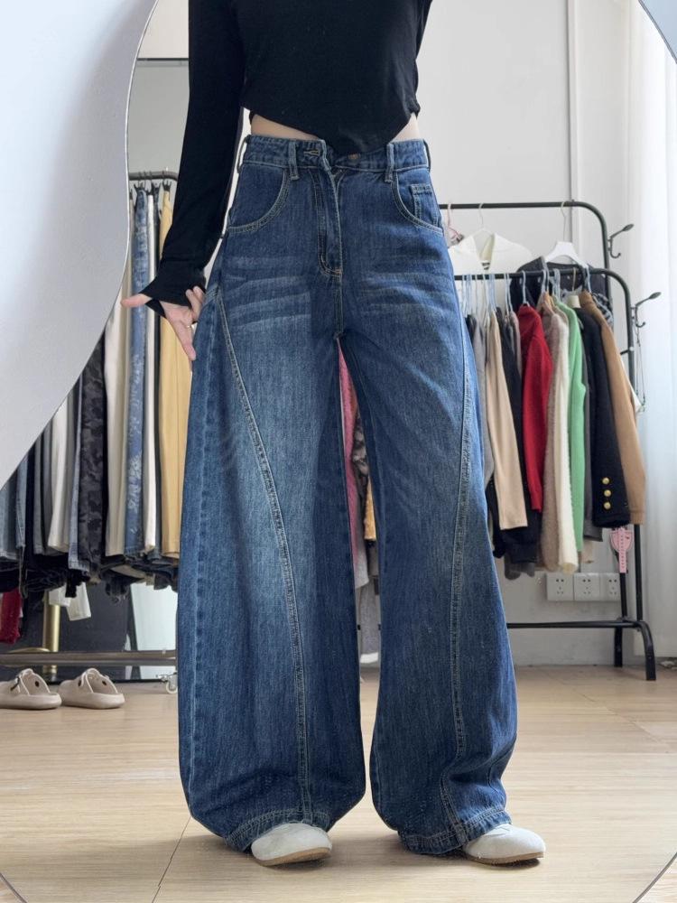 Women's Plus Size Deep Blue Wide-Leg Jeans - Pear-Shaped Slimming Floor-Length Trousers