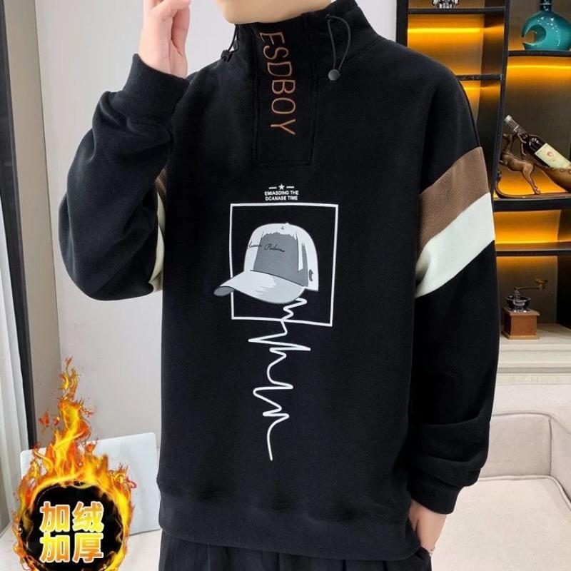 Fashionable Autumn Winter Turtleneck Sweatshirt for Boys Velvet Thickened Top Printed Casual Loose Pullover