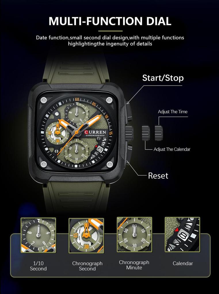 CURREN 8461 Men's Square Sports Watch with Silicone Strap and Multifunctional Six-Needle Calendar