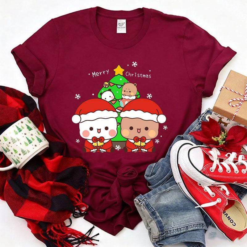 Merry Christmas Cute Funny Bubu Dudu Cartoon Emoticon Graphics Tshirt Ulzzang Men Woman Cotton Tees Trendy Holiday Party Shirt
