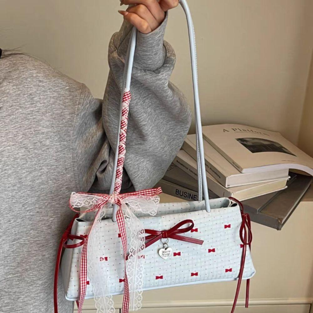 Ribbon Bow Lace Shoulder Bag Sweet Y2K Underarm Bag Portable Armpit Bag  School
