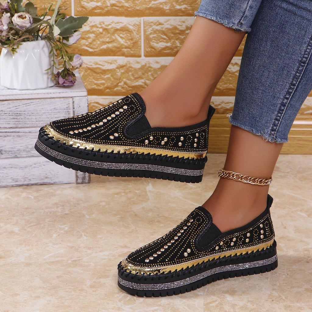 Runde Zehenpartie Damen Slip-on Loafer Mode Kristall Glitzer Anti-Rutsch Freizeit Schuhe für Damen Dicker Boden Flache Schuhe Frühling Sommer