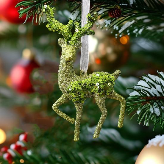 Glitter Christmas Ornaments Green Sequined Butterfly/Star/Reindeer Xmas Tree Hanging Decorations for Xmas Tree Holiday Home Party Decor