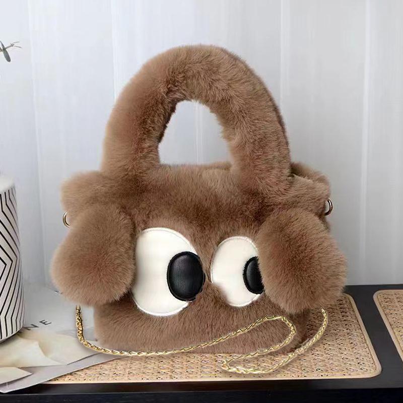 Furry Chain Shoulder Bag  Cartoon Big Eyed Dog Soft Plush Crossbody Bag Handbag Women Girls Cute Plush Bag