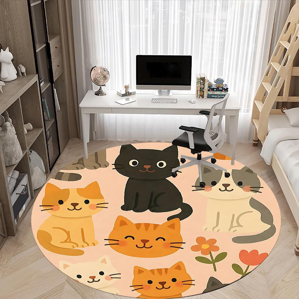 1pc Cat Floral Office Round Area Rug, Under Office Chairs Bedroom Living Room Home Decor, Room Deco