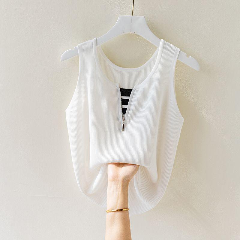 Women s Ice Silk Zipper Camisole - Thin Layer, Fake Two-Piece, Fashionable Summer Top S (for 80-95 jin) белый