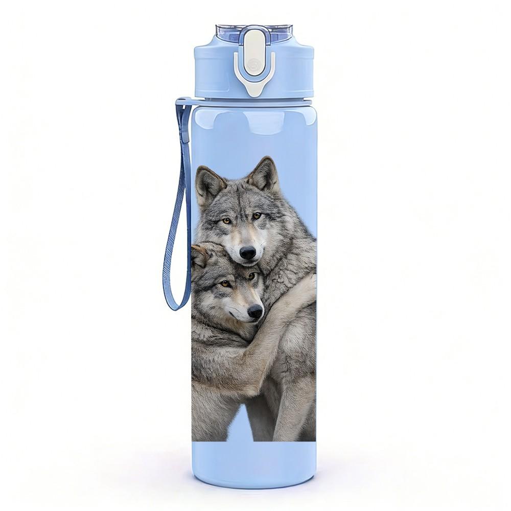 1PC Two Grey Wolves Hugging Animal Print 750ml Color Plastic Sports Water Bottle Leakproof Flip Straw Lid Suitable for Sports Office Home Use