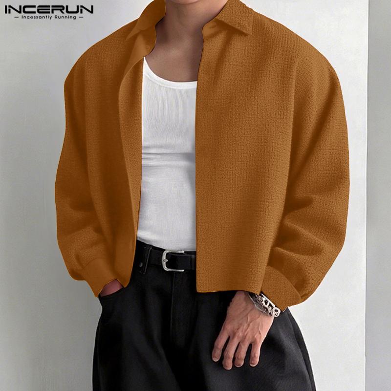 INCERUN Men Turn Down Collar Long Sleeve Loose Casual Texture Shirts Tops