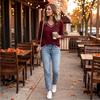 Women's Color Block V-Neck Long Sleeve Pullover Sweater with Decorative Buttons