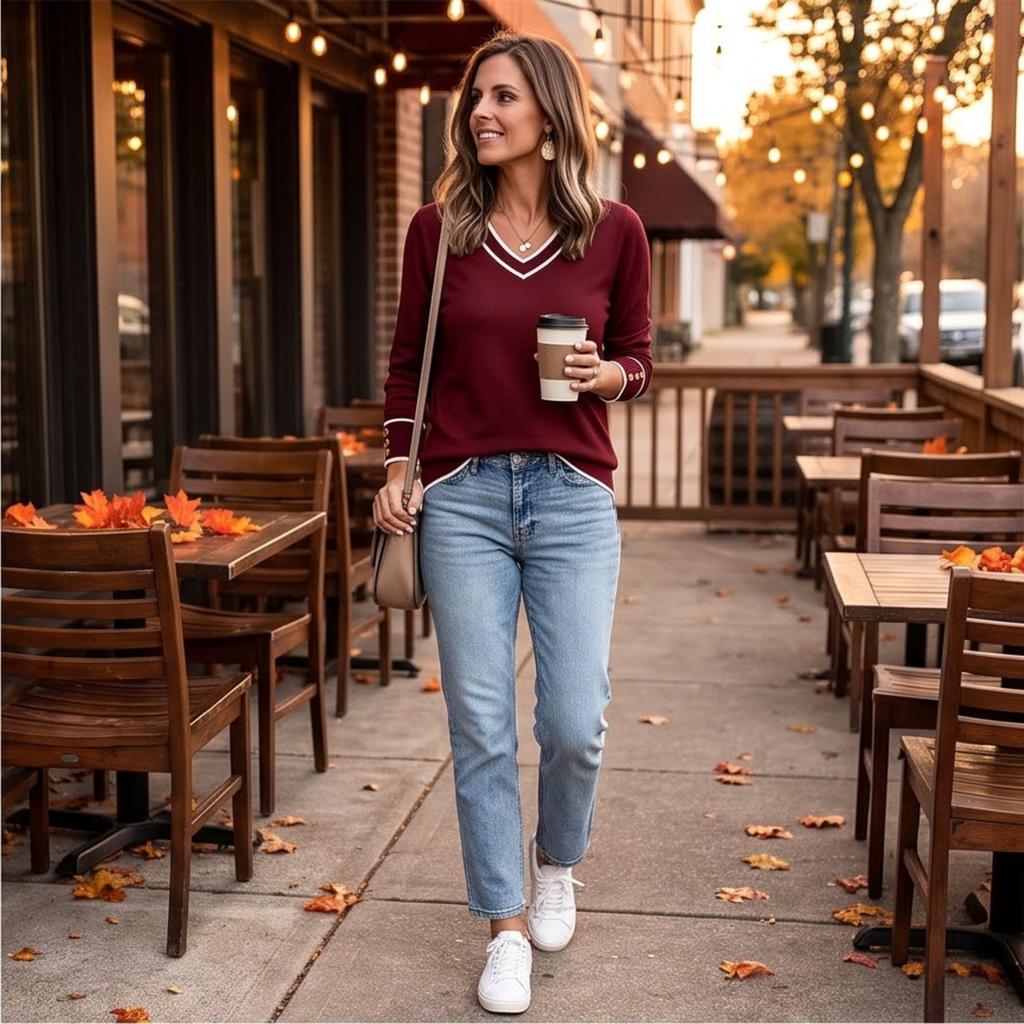 Women's Color Block V-Neck Long Sleeve Pullover Sweater with Decorative Buttons