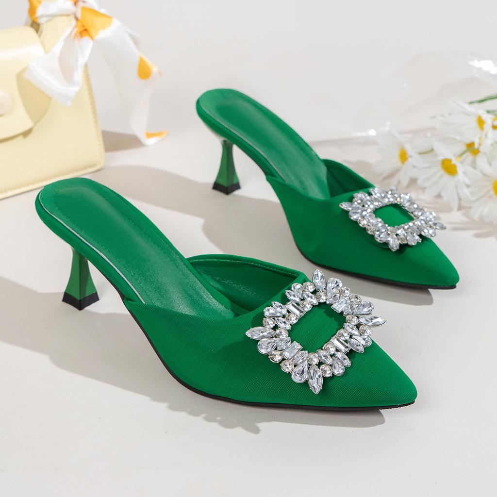 High Heeled Slippers for Women New Style with Pointed, Fine Heel Rhinestone Square Buckle, Half Toe Cool Mop Women's Sandals