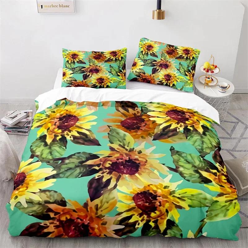 Sunflower Duvet Cover Botanical Floral Leaves Comforter Cover Twin King Size For Girl Women Microfiber Yellow Flower Bedding Set