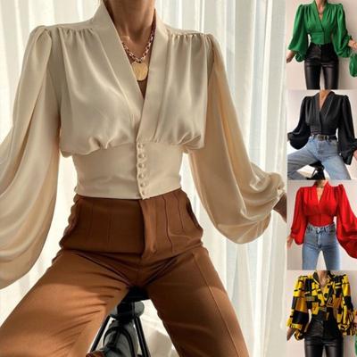 Summer New Style Temperament Button V-neck Lantern Sleeve Blouse Shirt Women
