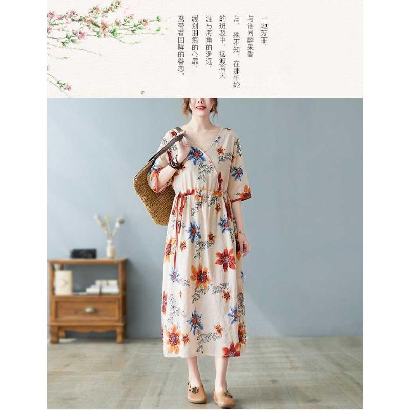 Nowe luźne plus size drukowane sznurki do wiązania w pasie etniczny styl dekolt w serek rękaw pięciominutowy literackie długie sukienki