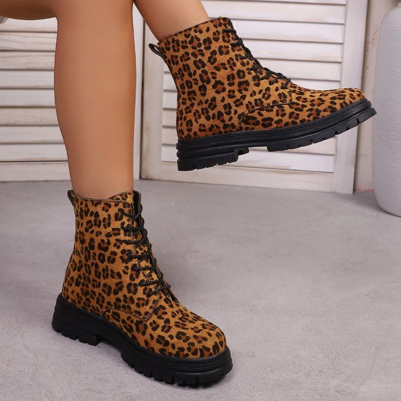 

Обувь больших размеров, Ботильоны на толстом каблуке с круглым носком, Женские флисовые ботинки на шнуровке спереди, Осенне-зимние женские ботинки 43 цветной печати леопарда