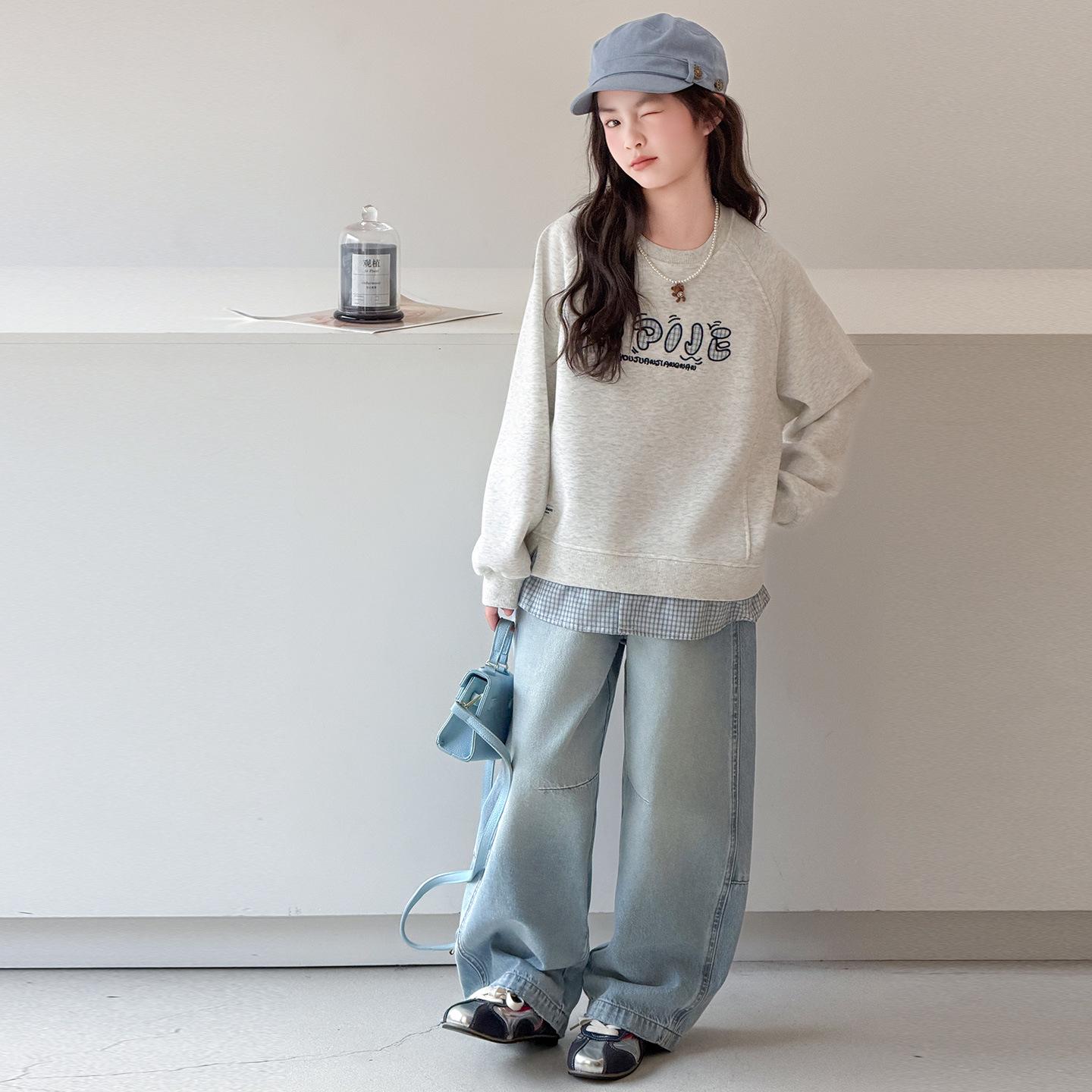 Spring 2026 Girls  Academy Hoodie & Denim Wide-Leg Pants Set for Medium/Large Children 130 cm