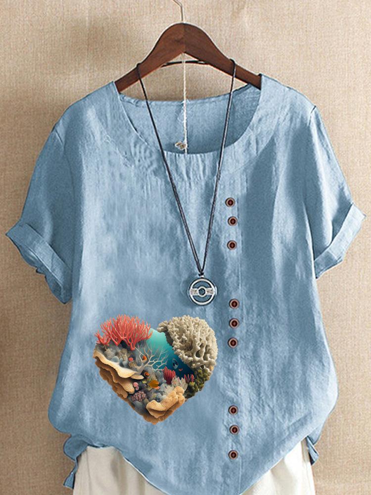 Women's Fashion Coral Heart-shaped Print Shot Sleeve T-shirt Loose Cotton Shirt Casual Loose Summer Blouse Tops Plus Size