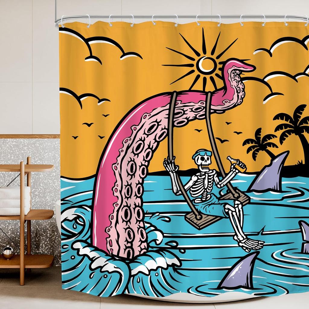 Dark Samurai Skeleton Waterproof Shower Curtain - Intricate Red Moon & Mountain Design for a Bold and Mysterious Bathroom Decor