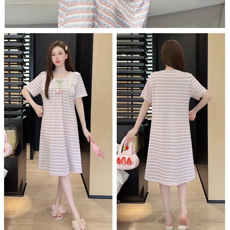 2026 Women's Sweet Casual Mid-Length Plus Size Striped V-Neck Short-Sleeve Nightgown