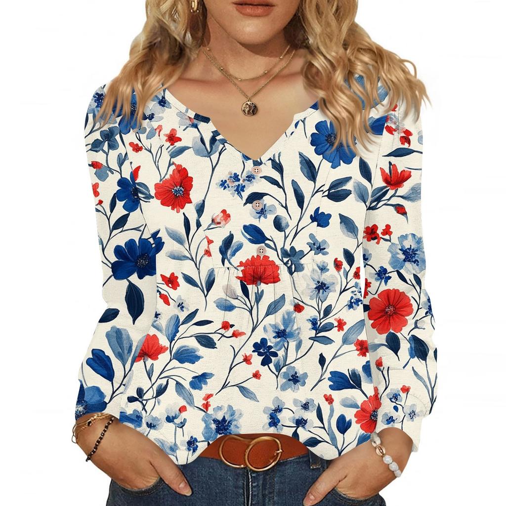 Women's Fashionable Casual V-neck Blouse Button Long-sleeved Pullover T-shirt Top